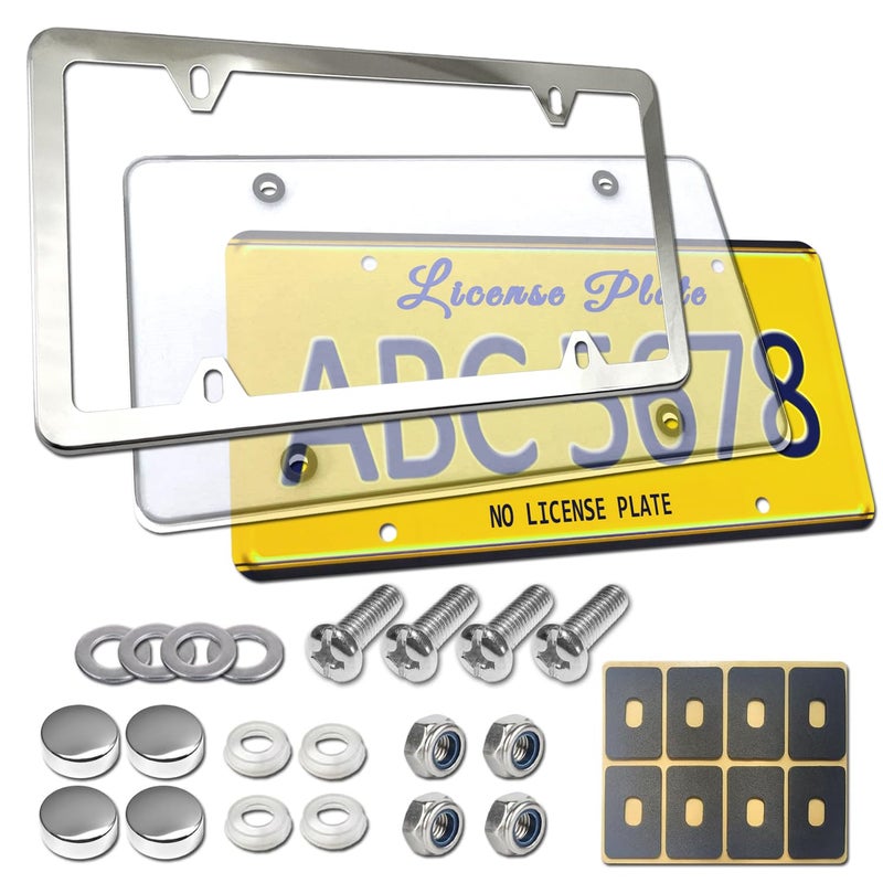 BGGTMO License Plate Cover and Frame Combo- Clear License Plate Cover and Stainless Steel Car Tag Holder, Flat Bubble Unbreakable Protector, Fit US Universal Front or Rear Bracket, Mount Screws, Caps - Image 1